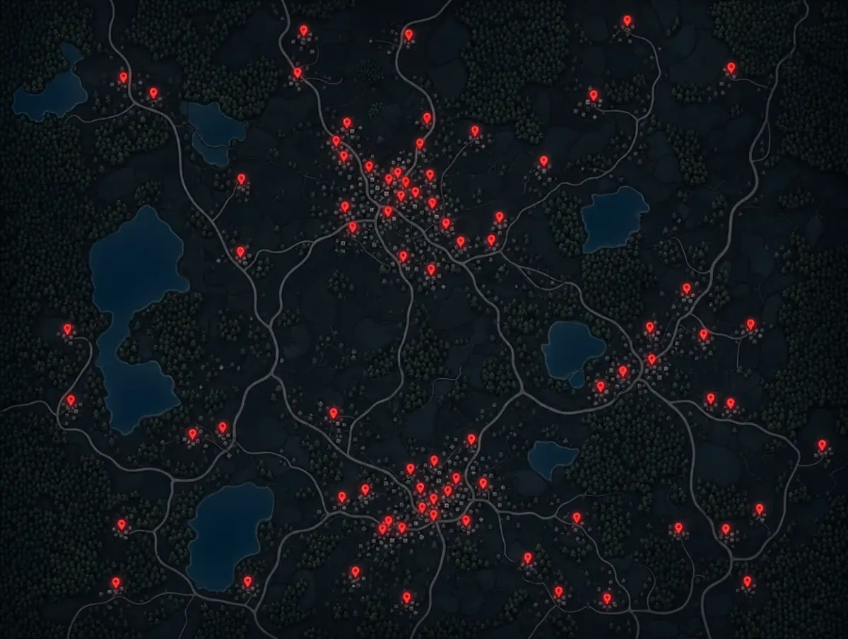 Map of a rural service area with glowing red pins marking customers who are due