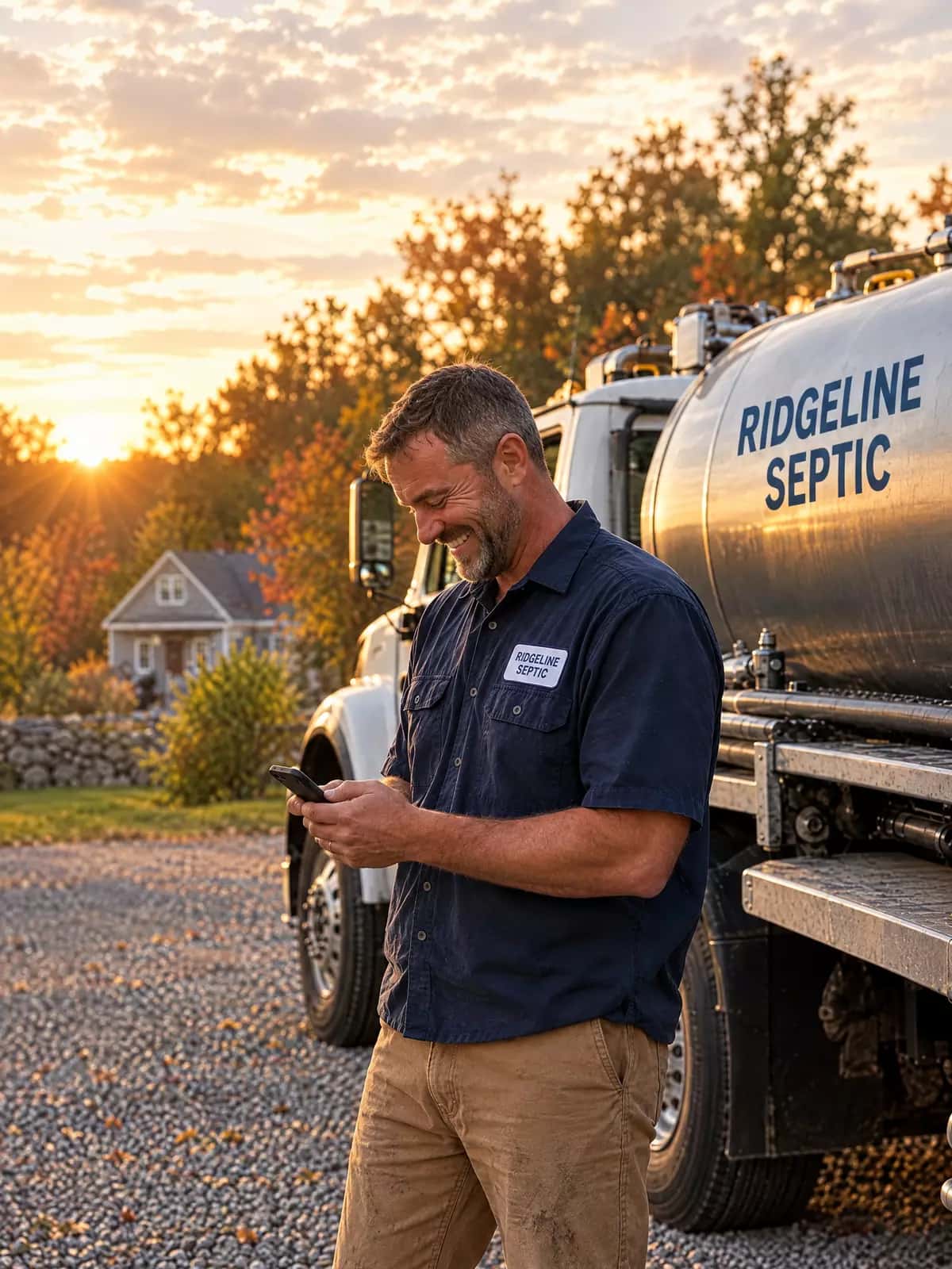 Septic company owner in a Ridgeline Septic work shirt, smiling at his phone beside his pump truck at golden hour