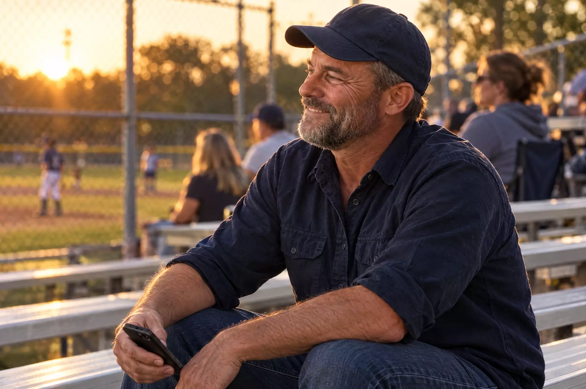 The same owner relaxed in the bleachers at a youth baseball game at golden hour, phone in hand