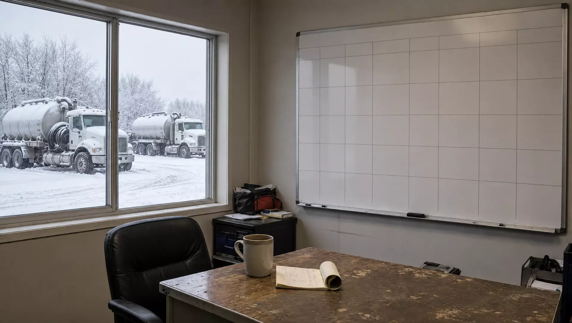 An empty winter scheduling whiteboard in a small shop office, septic pump trucks parked outside in the snow